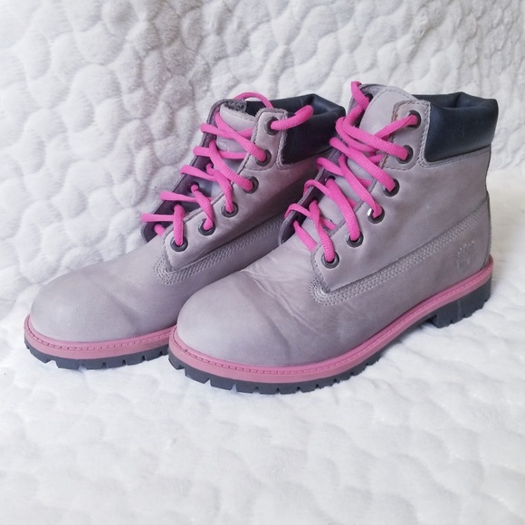 grey and pink timberlands